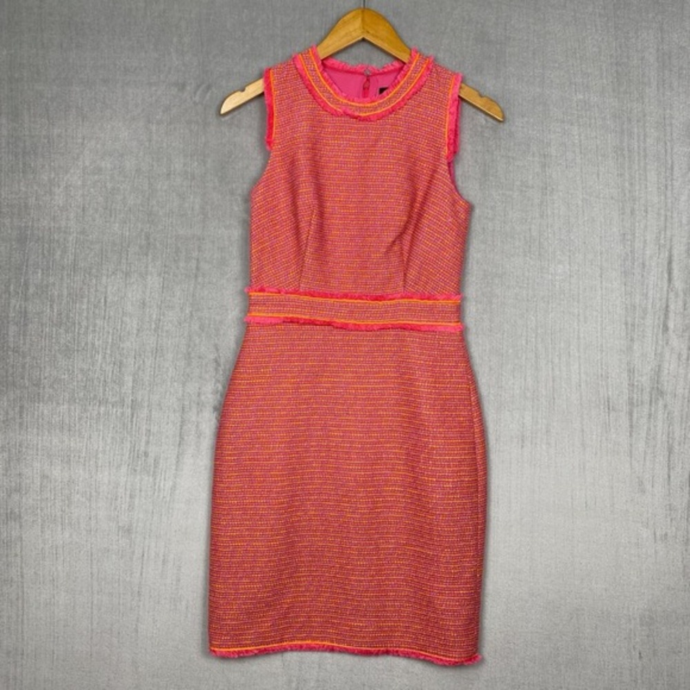J Crew Sheath Dress 00 Pink Neon Fringe Tweed Sleeveless‎ Old Money Preppy